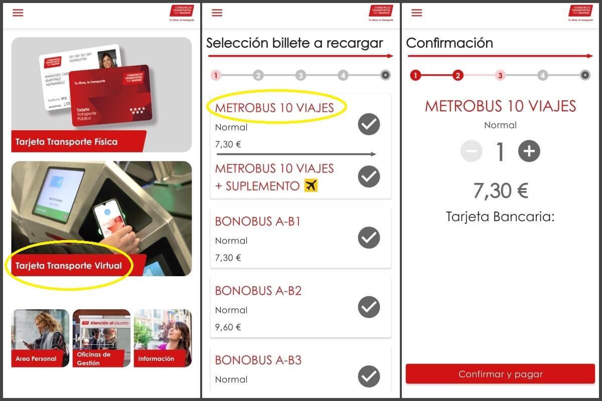 Madrid tömegközlekedés metrójegyek vásárlása 2026-ban mobil app-on keresztül. Képernyőkép közlekedési kártyás oldalról. Bal panel piros kártyákkal, középső jegy kiválasztás, jobb oldalon fizetési összeg.