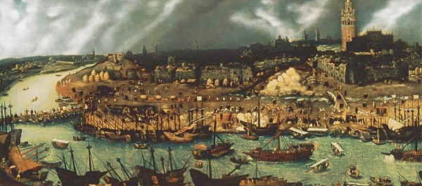 Festői látkép Sevilla egykori kikötőjéről vitorlásokkal és épületekkel. Felhős ég, füst száll fel a városból, békés, mégis nyüzsgő hangulat.
