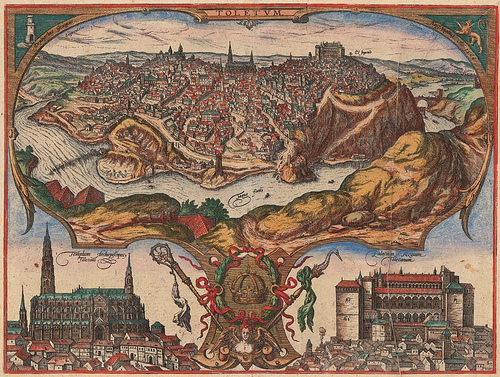 Régi térkép, Toledo madártávlatból, részletes városképpel, díszes barna és zöld mintával, latin szöveggel felül: "Toletum", a város régi római kori nevével.