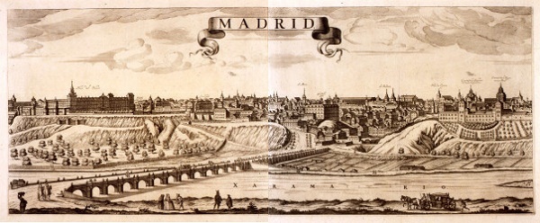 Régi, barna tónusú metszet Madridról, Spanyolország fővárosáról. Előtérben egy folyó és híd, háttérben épületek. Fent egy MADRID felirat látható.