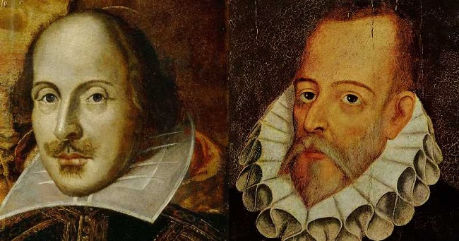 A Világirodalom két nagy alakja: Shakespeare és Cervantes. Két férfi portréja barokk stílusban; balra világos háttér, jobbra sötét. Az egyikük díszes ruhában fehér fodros gallérral.