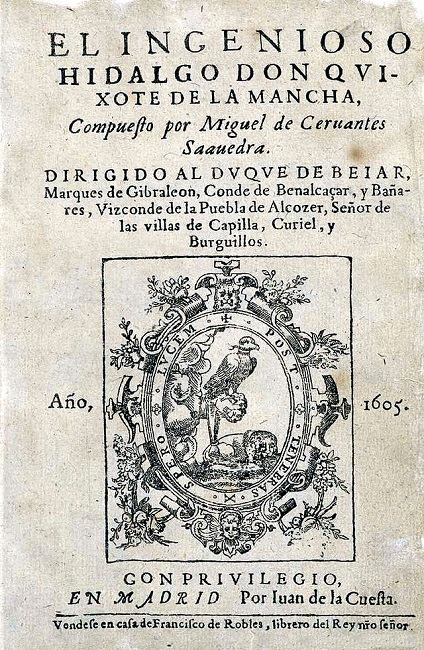 Don Quijote de la Mancha 1605-ös kiadásának címlapja díszes szegéllyel és középen címerrel. Felül spanyol nyelvű szöveg.