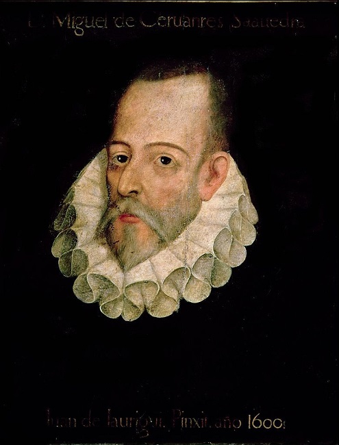 Juan de Jáuregui: Cervantes képe. Portré festmény egy férfiról fehér gallérral, sötét háttér előtt. A kép alján arany színű felirat látható.