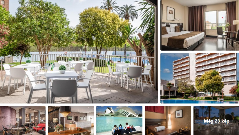 Kültéri étkezőasztalok fehér székekkel zöld parkban, háttérben medence. Hotel szoba ágyakkal, modern épület és további belső terek. Hotel Valenciában