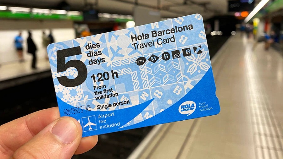 Metrokártyát tartanak egy kézben, háttérben barcelonai metróállomás. A kártya kék és fehér mintás, "Hola Barcelona" felirattal.